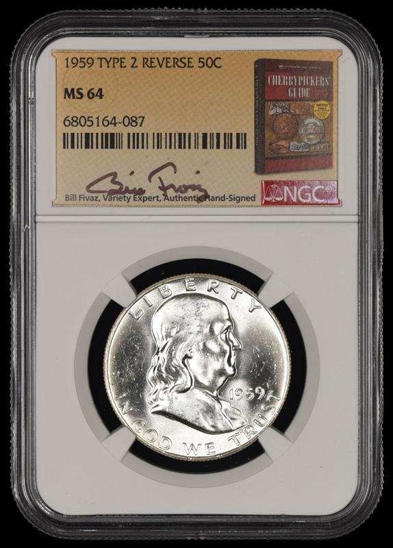 1959 P T2 Reverse Franklin Half Dollar Bill Fivaz Signature Label NGC  MS 64