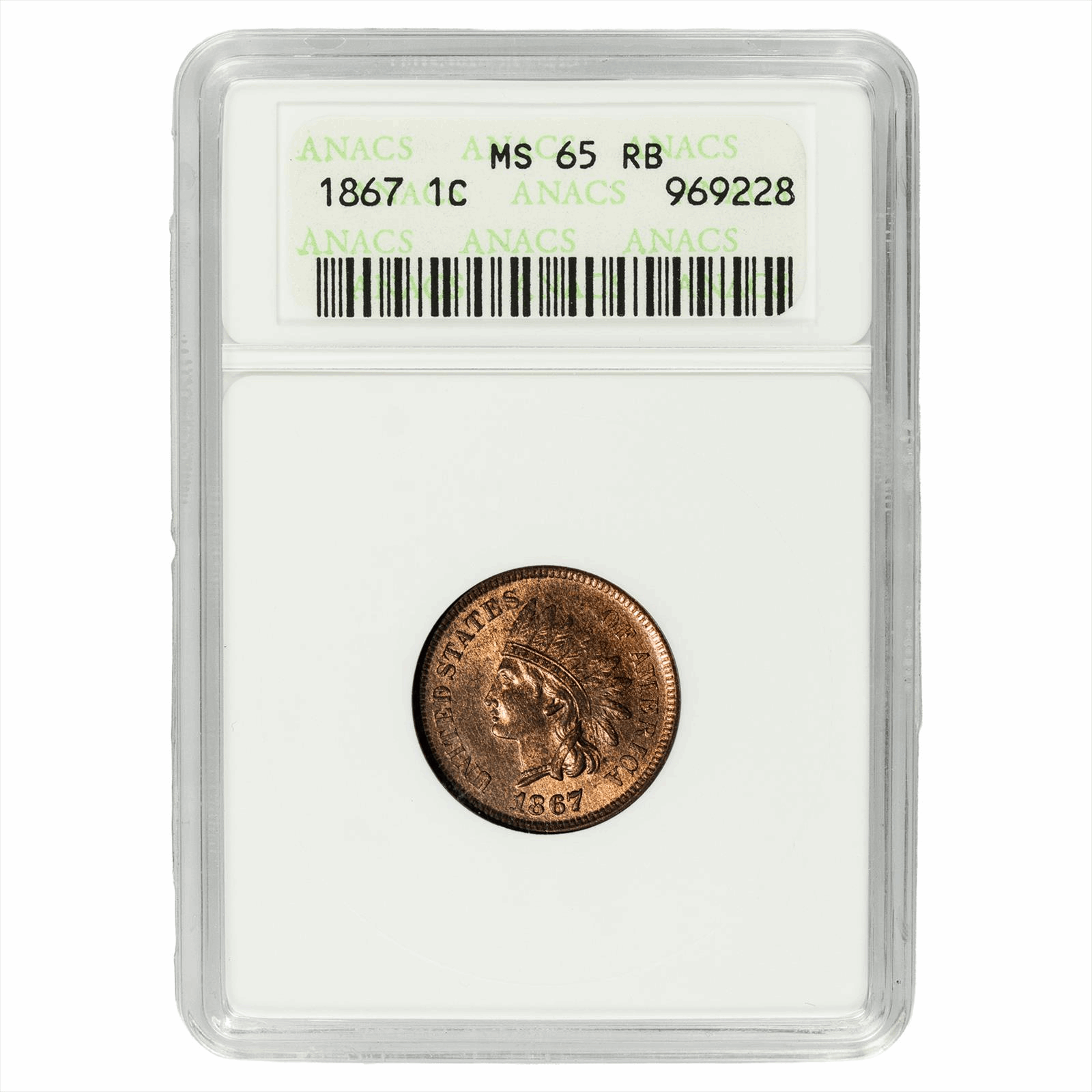 1867 Indian Head Cent 1C ANACS MS 65 RB