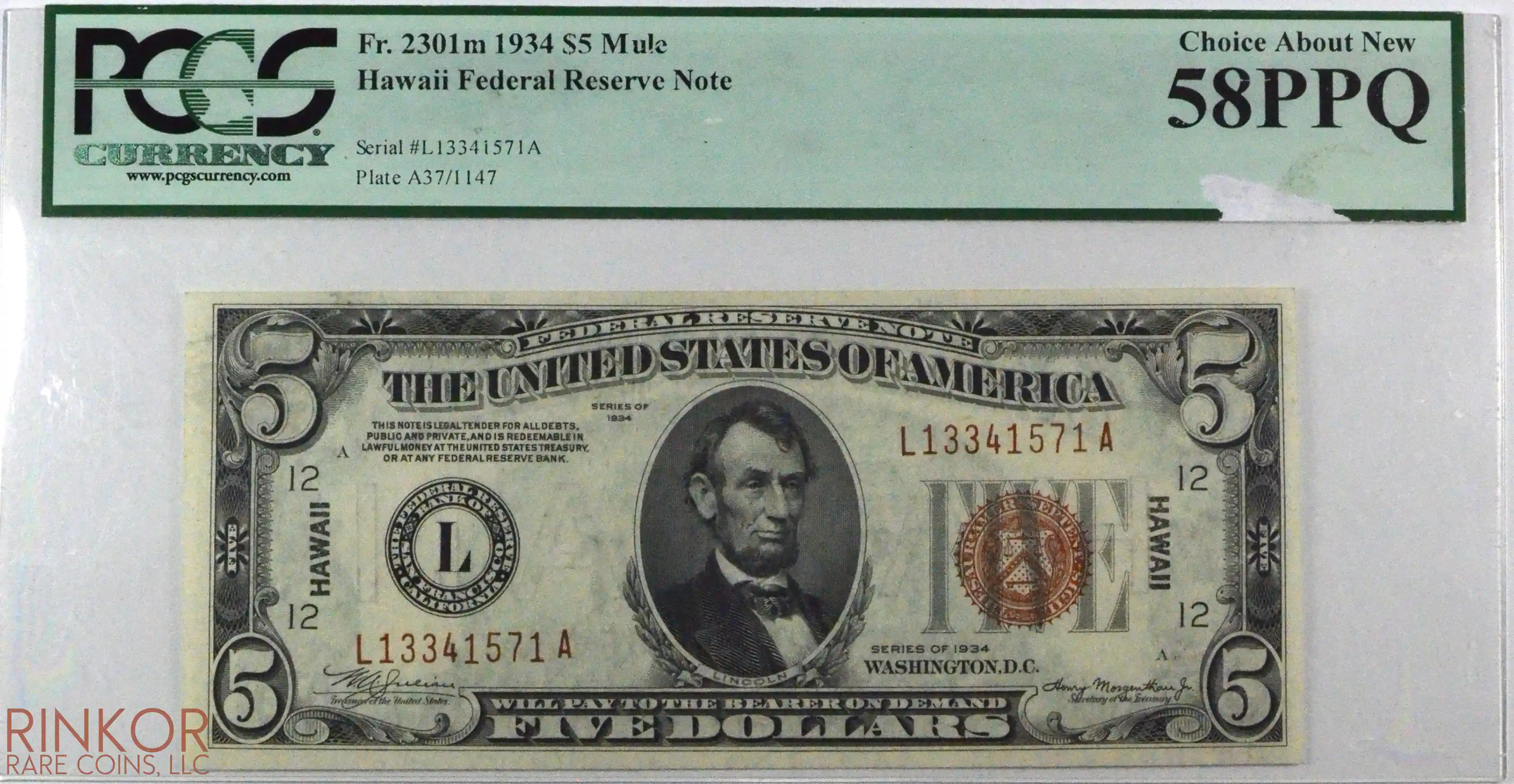 1934 $5 Fr. 2301m Mule WWII Emergency Issue Federal Reserve Note PCGS AU-58 PPQ
