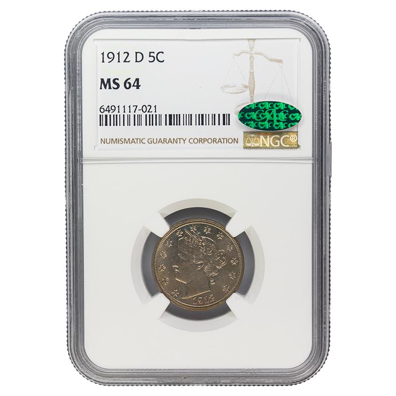 1912-D Liberty V Nickel, 5C NGC MS 64 CAC Certified