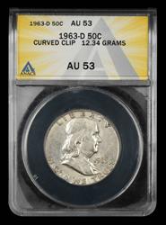 1963 D Franklin Half Dollar Curved Clip 12.34 Grams ANACS AU53