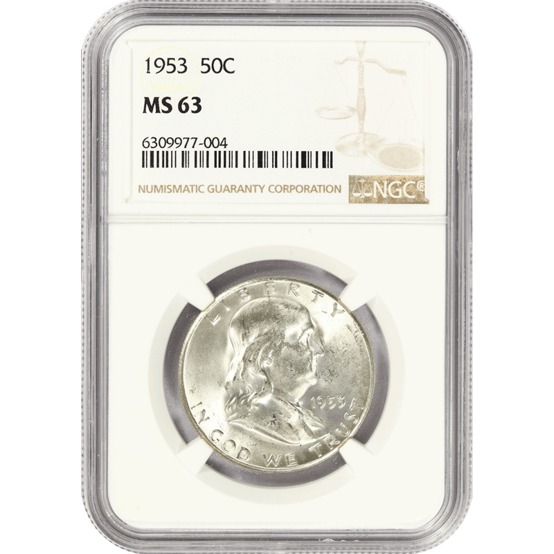 1953 Franklin Half Dollar 50C, NGC MS-63 - Nice White Coin