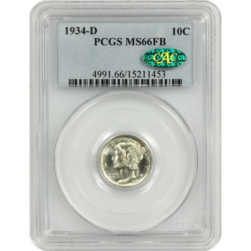 1934-D Mercury Dime 10C PCGS and CAC MS66FB - CAC Certified, Sharp, Well Struck