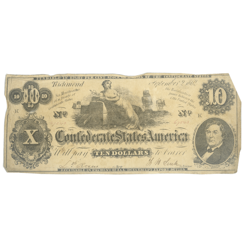 1862 $10 Confederate States of America, Civil War Note, Richmond, VA, T-46,    #67543 Circulated Very Fine