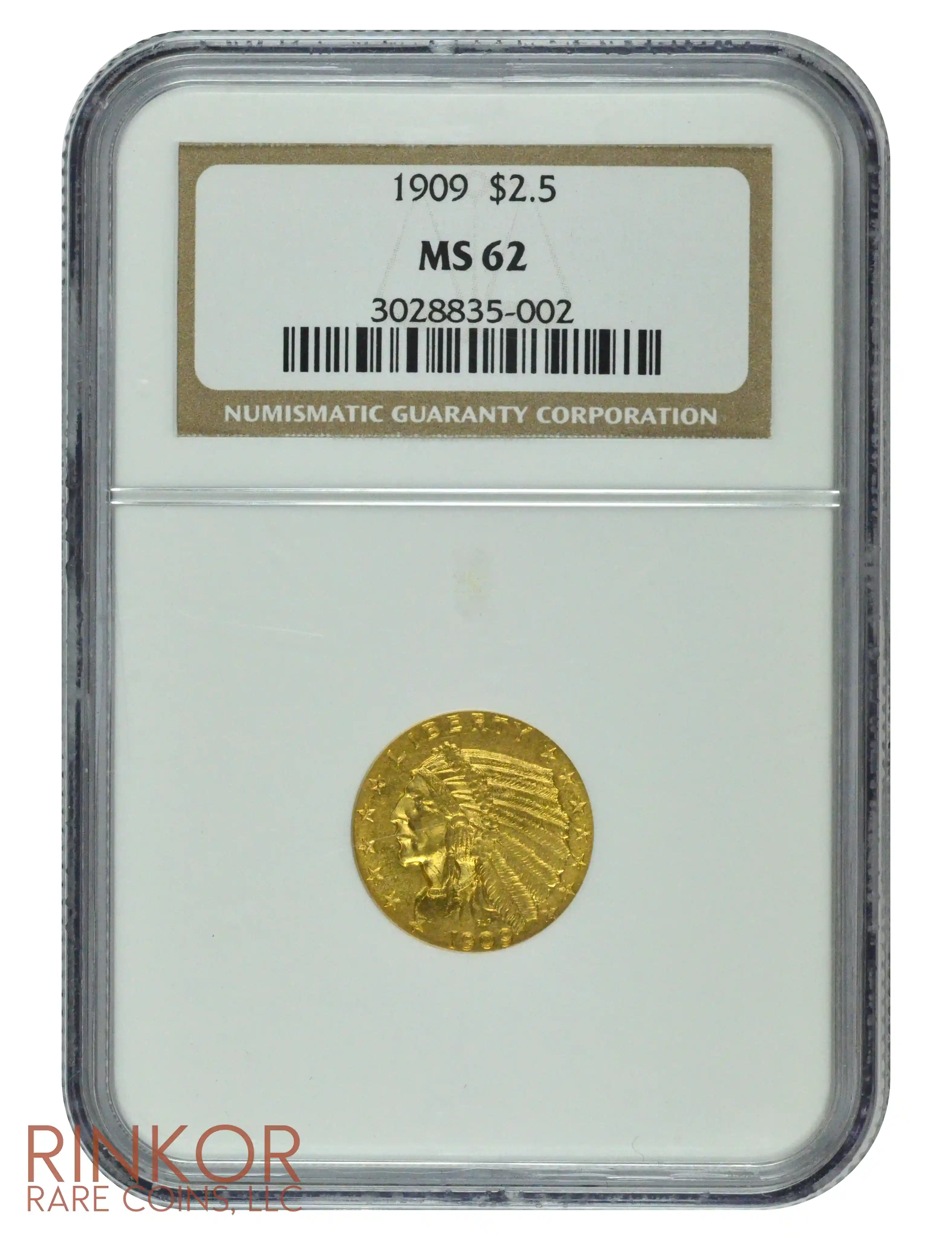 1909 $2.50 Indian Head NGC MS 62 