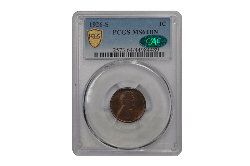 1926-S 1C Lincoln Cent - Type 1 Wheat Reverse PCGS BN (CAC) #3492-4 MS64