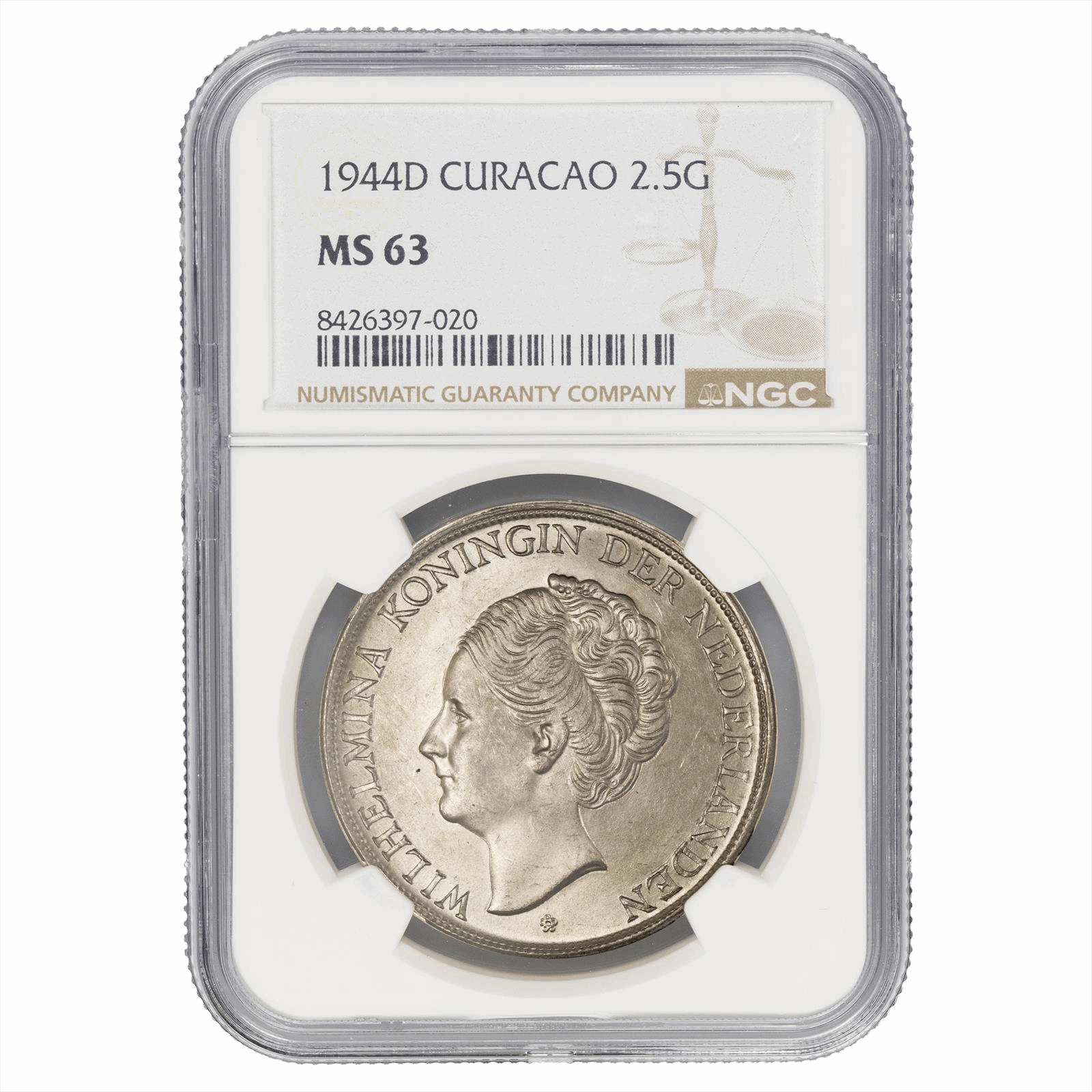 1944D Curacao 2.5 Gulden NGC MS 63