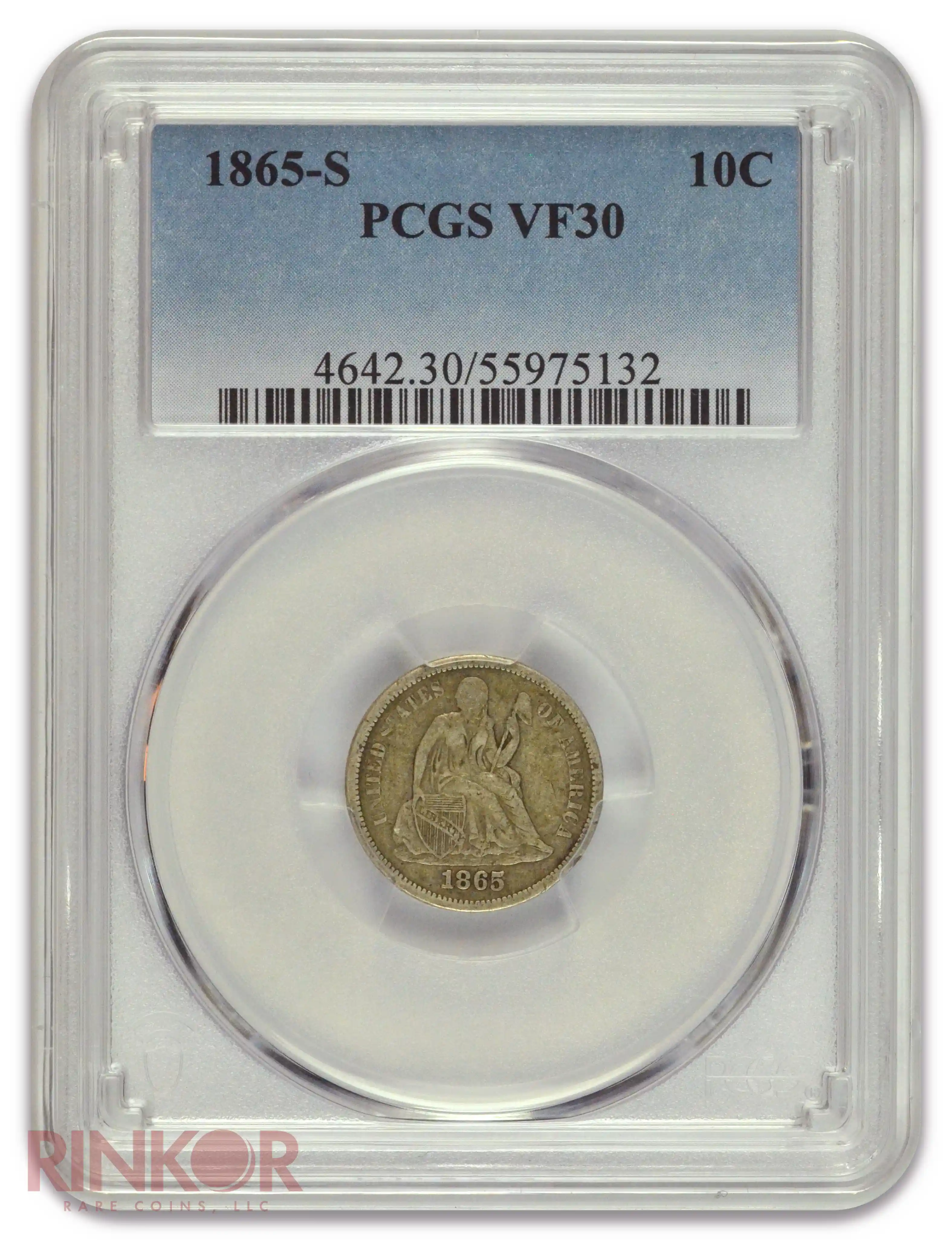 1865-S Seated Dime PCGS VF-30
