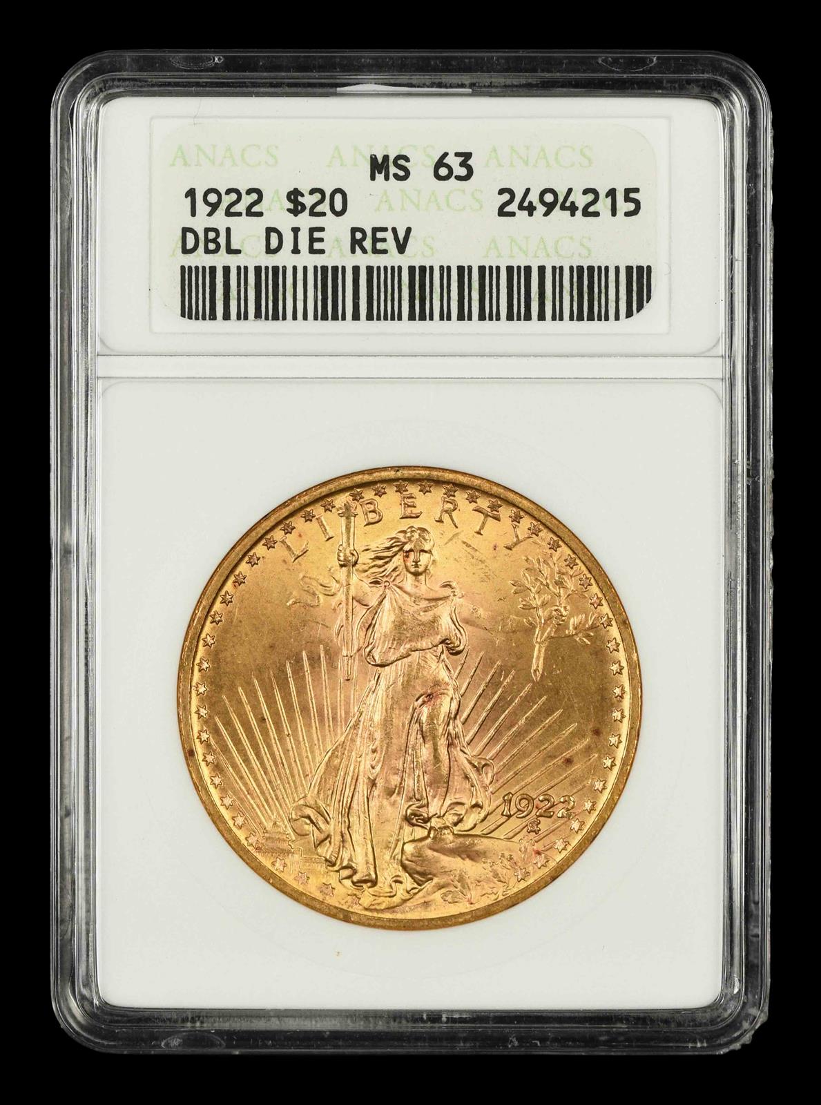 1922 $20 Gold DDR ANACS MS63