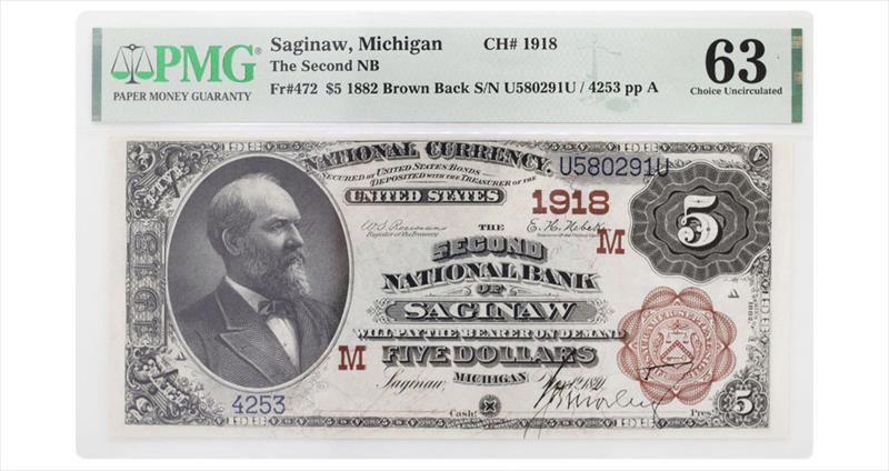 1882 $5 Saginaw, Michigan Fr# 472 - PMG Choice UNC 63 - Rosecrans / Nebeker