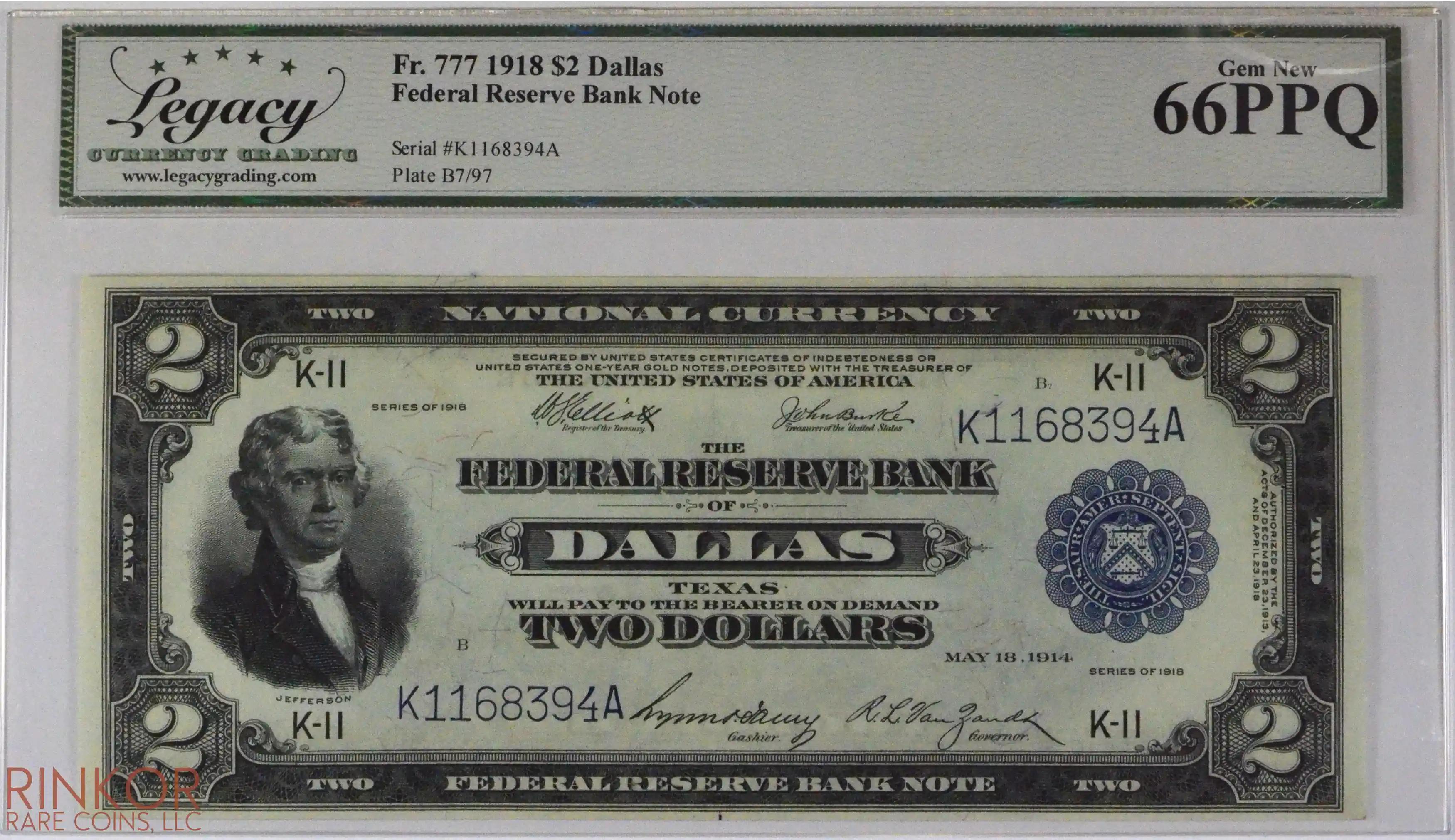 1918 $2 Fr. 777 Dallas Federal Reserve Bank Note LCG CU 66 PPQ