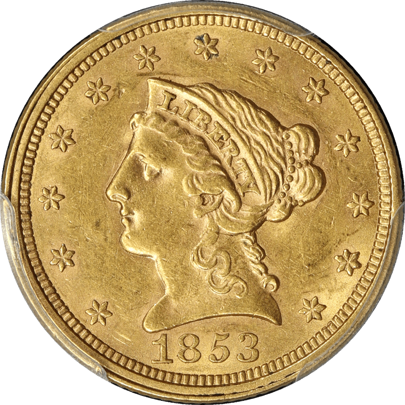 1853 $2.50 Liberty Head Gold Quarter Eagle, PCGS AU-55
