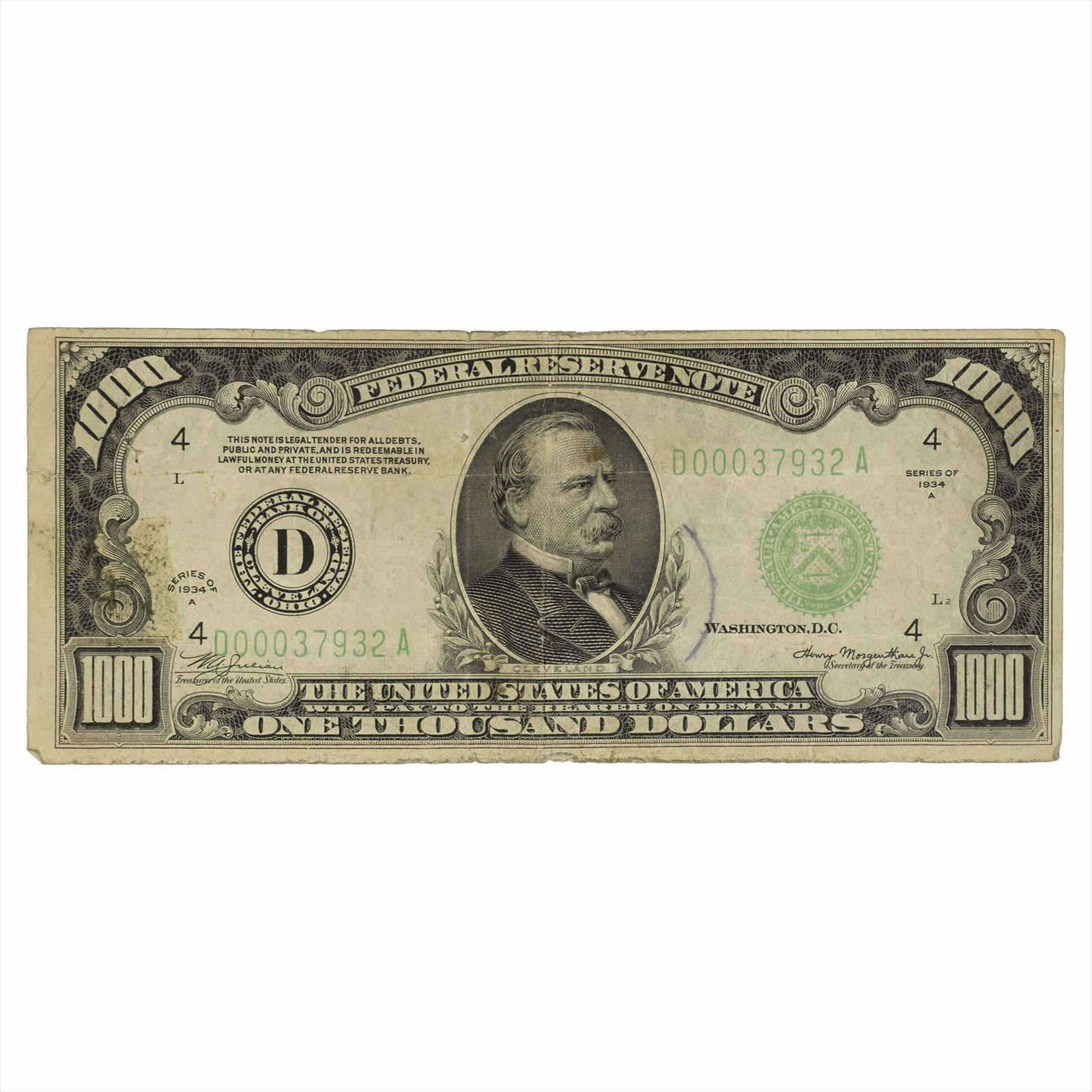 1934A $1000 Federal Reserve Note Fr# 2212 Raw 