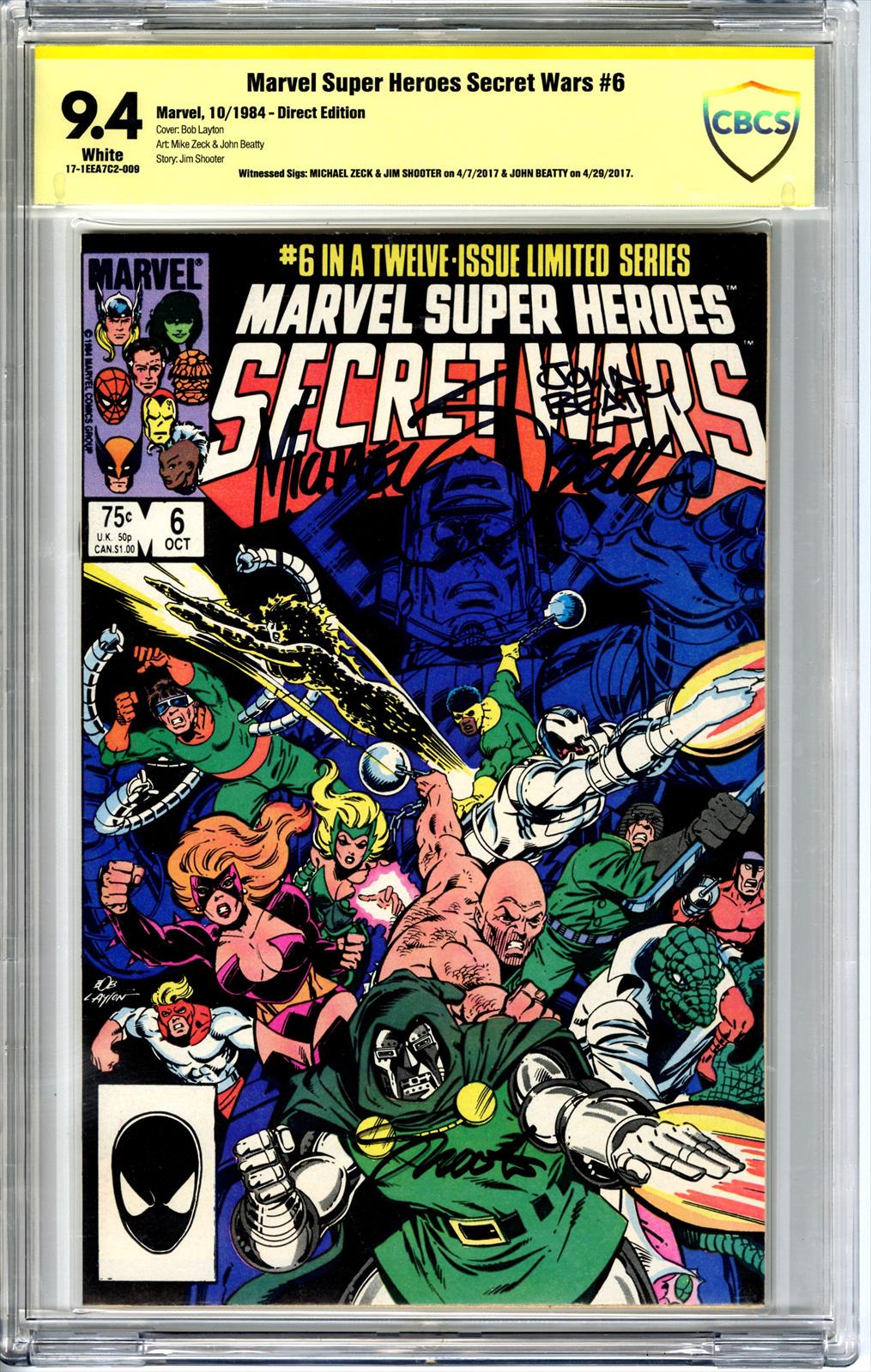 Marvel Super Heroes Secret Wars #6 CBCS 9.4 Signed by John Beatt, Mike Zeck, & Jim Shooter 
