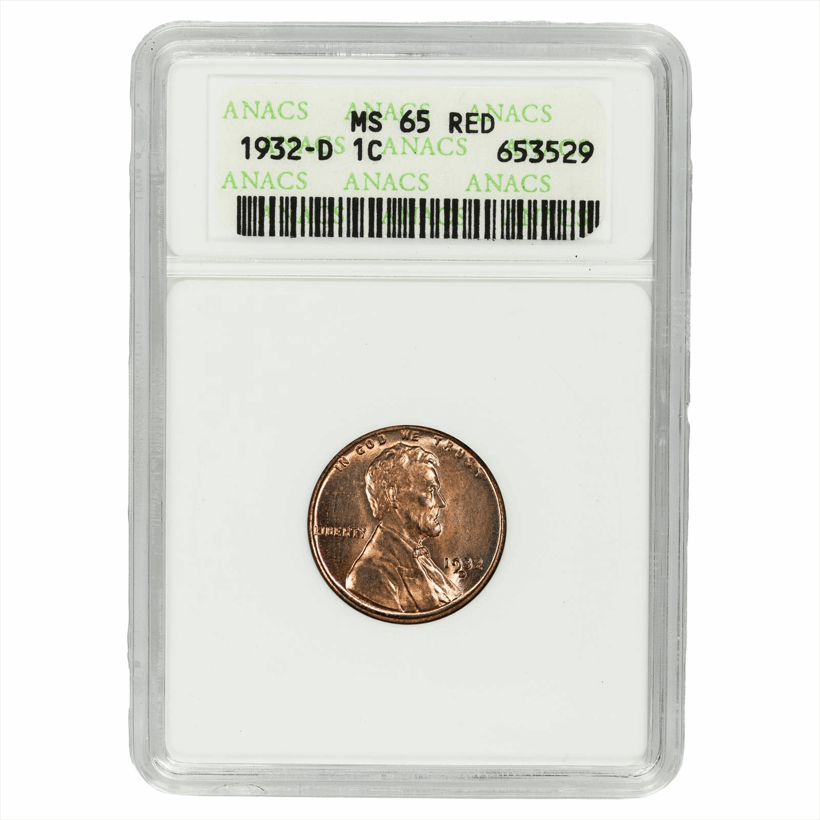 1932-D Lincoln Wheat Cent 1C ANACS MS 65 RD