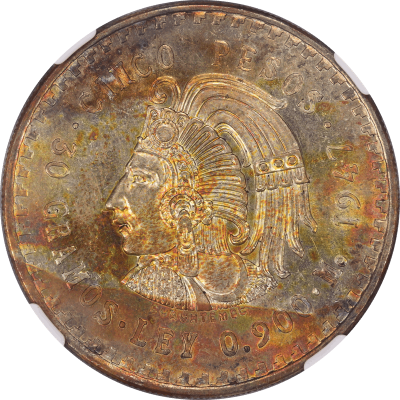 Mexico 1947-Mo Cuahtemoc 5 Pesos Silver NGC  MS 62 - Lovely Toning