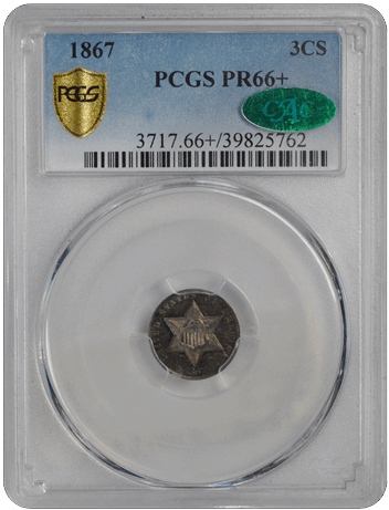 1867 3CS Three Cent Silver PCGS  (CAC) #3179-2 PR66+