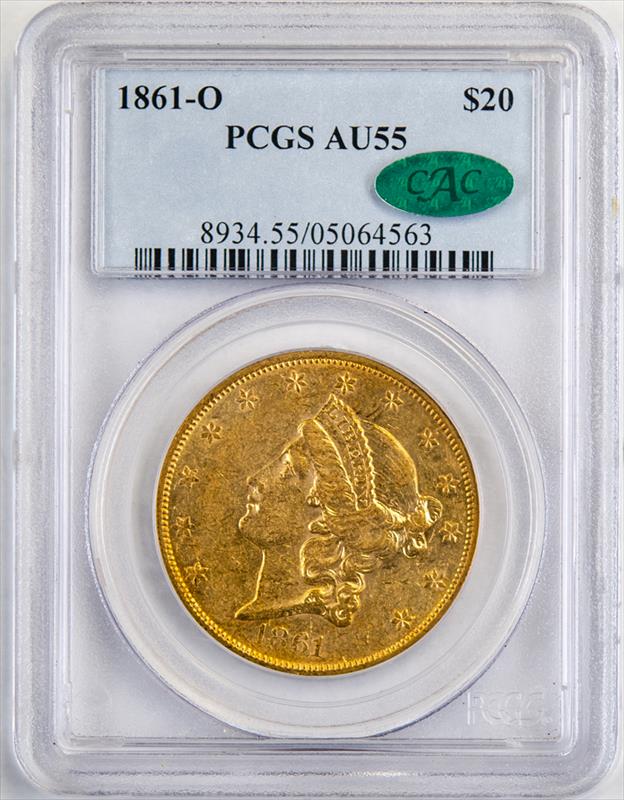 1861-O Liberty Head $20 PCGS AU55 CAC 