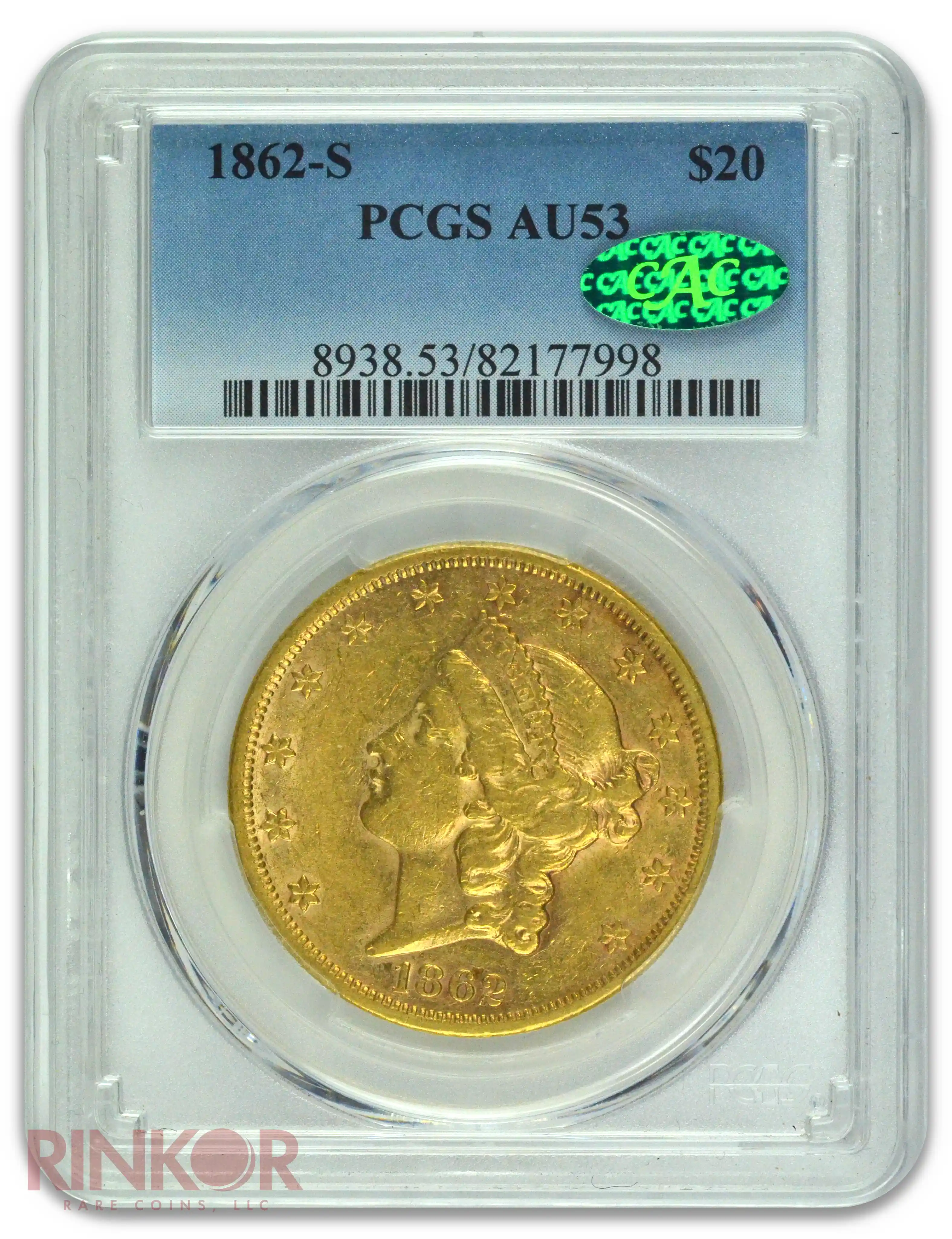 1862-S $20 Liberty Head PCGS AU-53 CAC
