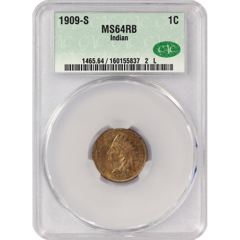 1909-S 1C Indian Head, CAC MS64RB - Lustrous Surface