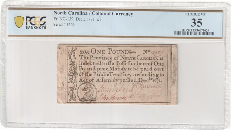 Fr. NC-139 Dec. 1771 North Carolina Colonial Currency PCGS VF35 