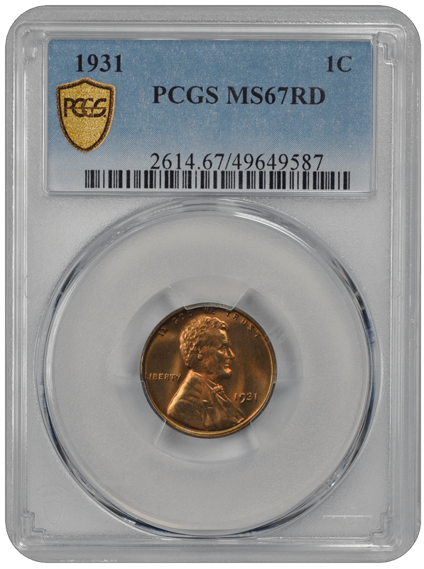 1931 1C Lincoln Cent - Type 1 Wheat Reverse PCGS RD #3413 MS67