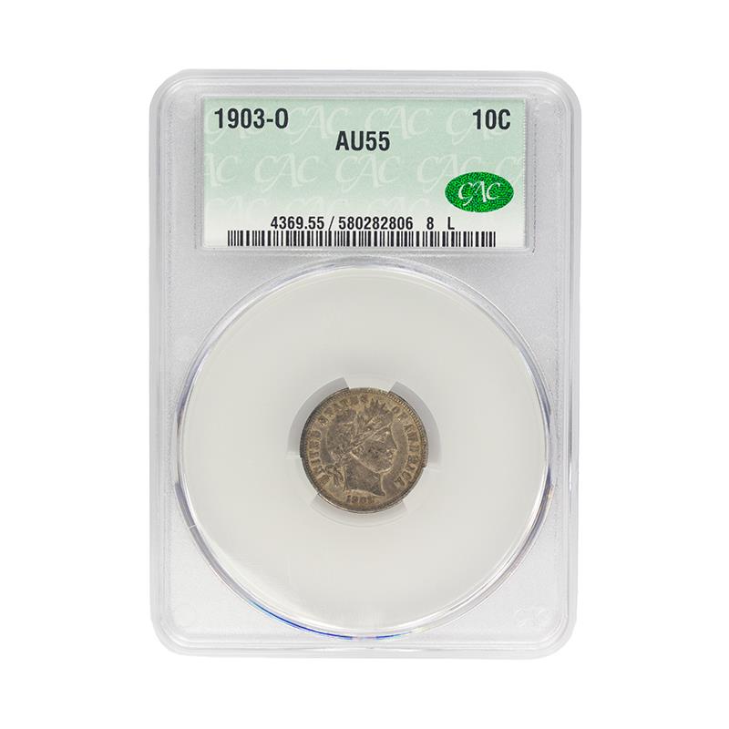 1903-O Barber Dime 10C CACG AU 55, CAC Certified Green