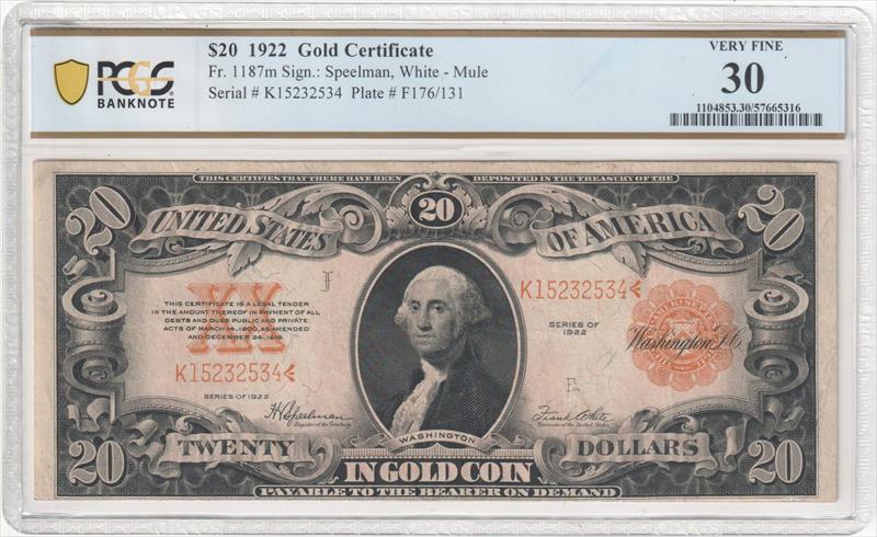 Fr. 1187m 1922 $20 Gold Certificate Mule PCGS VF30  