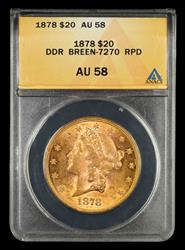 1878 $20 Gold DDR Breen 7270 RPD ANACS AU58