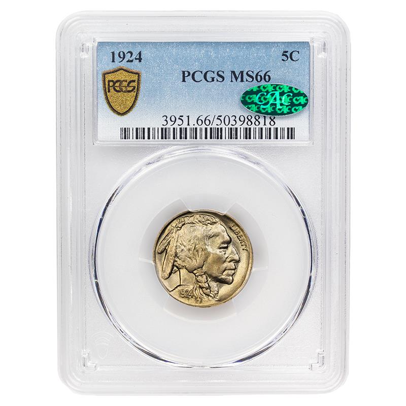 1924 Buffalo Nickel, 5C PCGS  MS 66, CAC Certified - Nice Original Coin