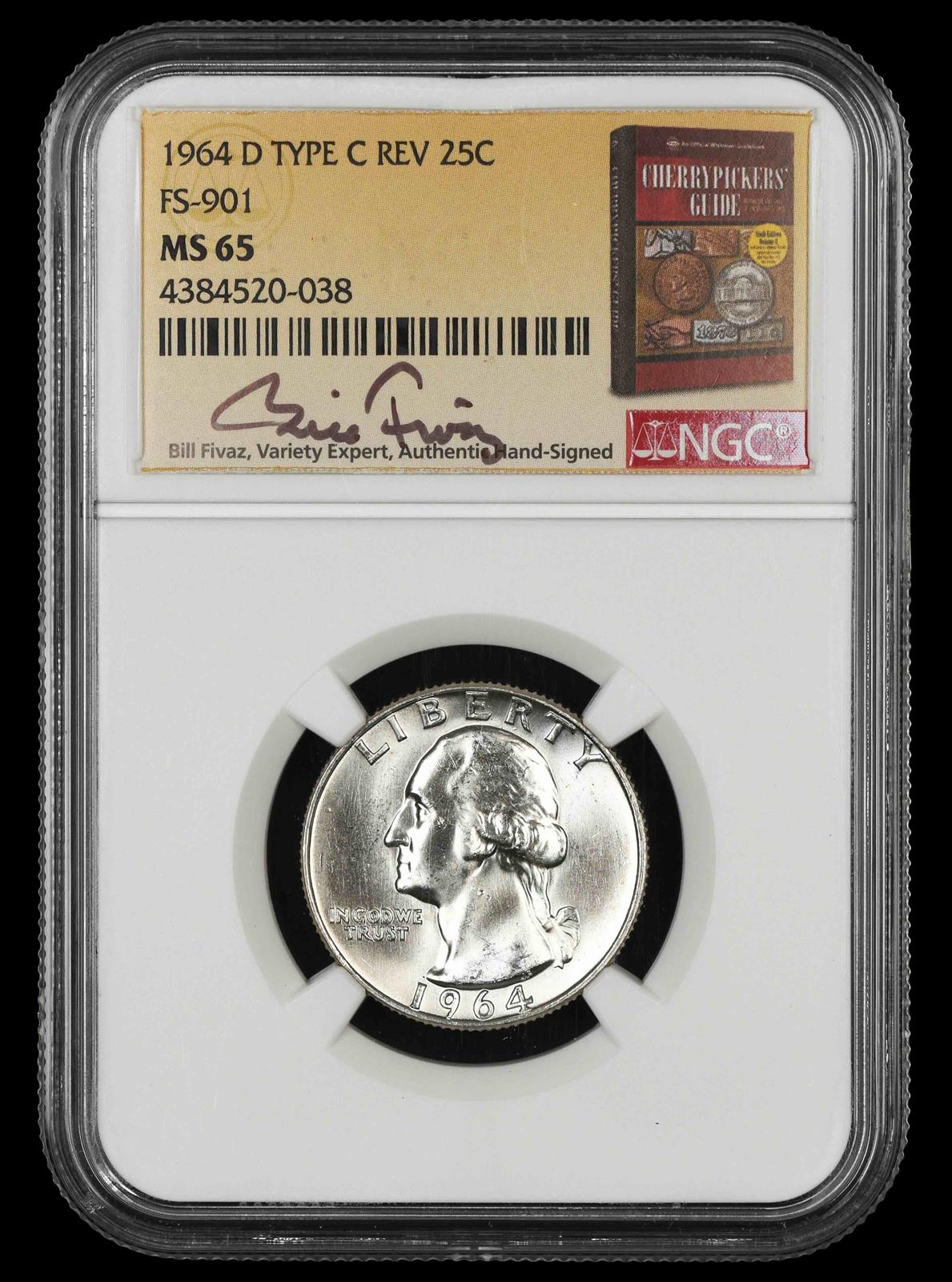 1964 D Washington Quarter NGC MS65 Type C Reverse FS-901 Bill Fivaz Signature Label MS65