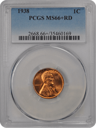1938 1C Lincoln Cent - Type 1 Wheat Reverse PCGS RD #3457-5 MS66+