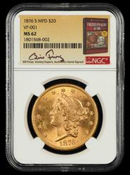 1876 S MPD $20 Gold VP 001 Bill Fivaz Signature Label NGC MS62