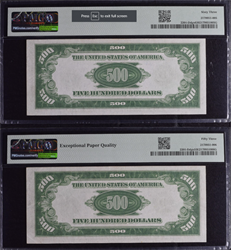 Fr. 2201-Gdgs Two Consecutive 1934 $500 Dark Green Cleveland PMG 63 & 53 EPQ 