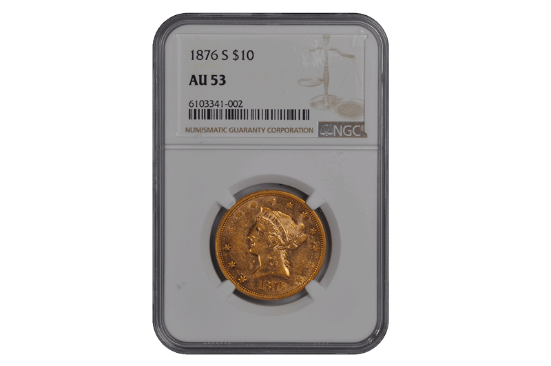 1876-S Eagle - Motto $10 NGC  #3681-1 AU53