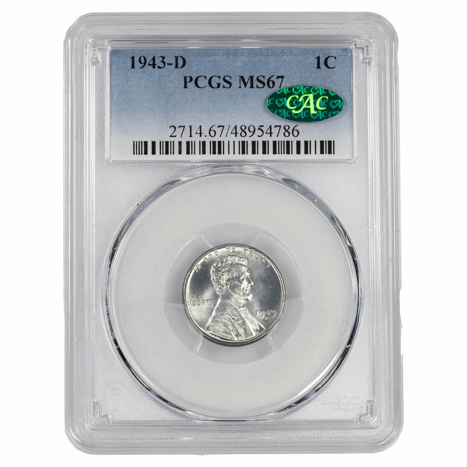 1943-D Lincoln Steel Wheat Cent 1C PCGS MS 67 CAC