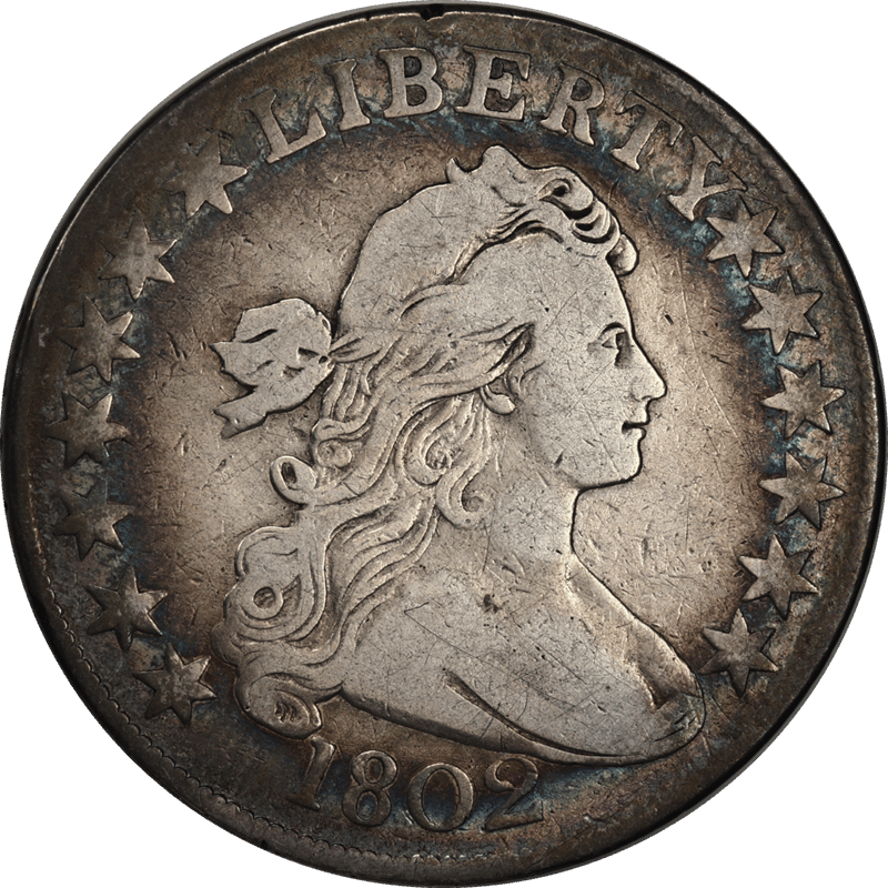 1802 Draped Bust Half Dollar Circulated, Early US Coin with Album Toning