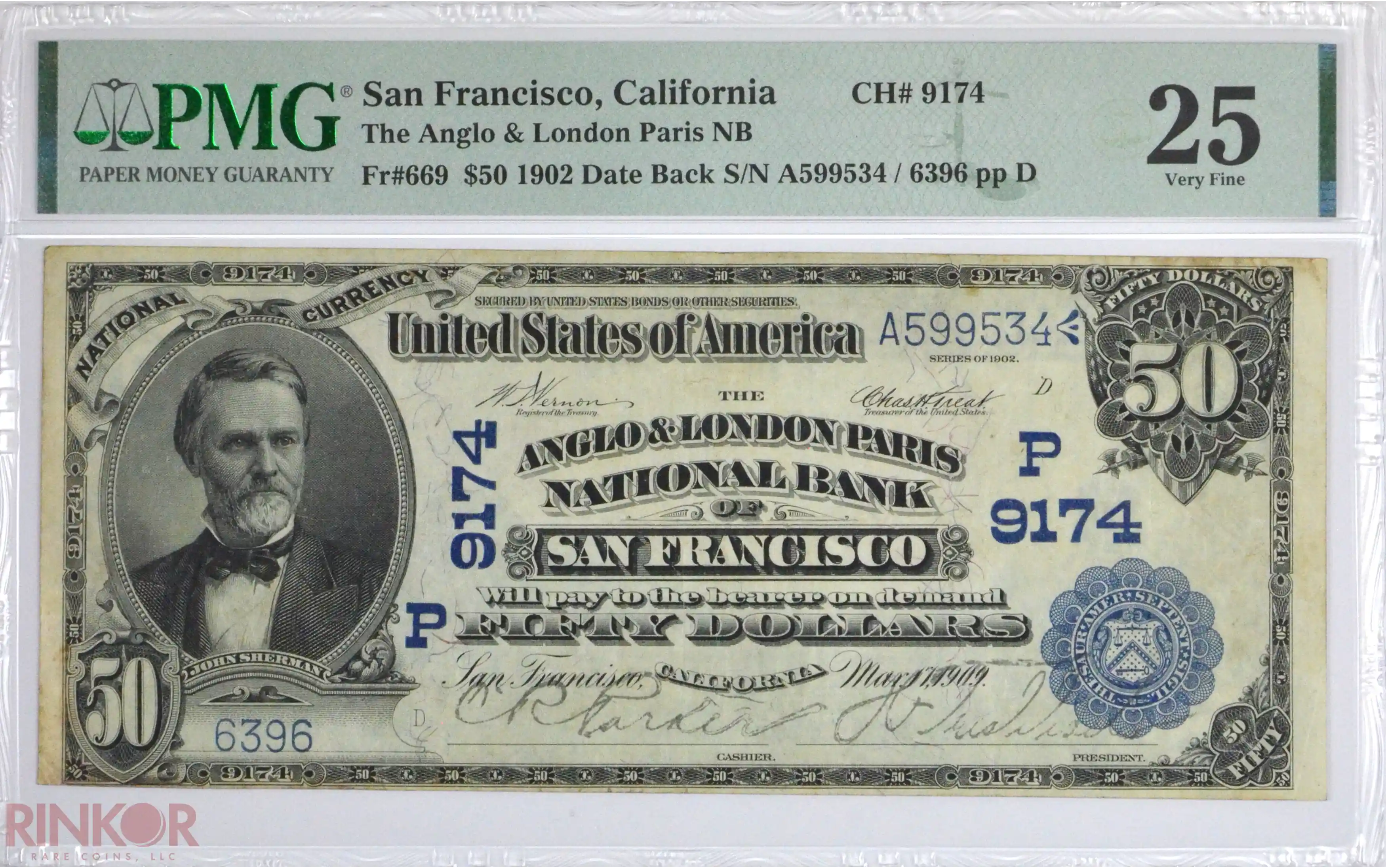 1902 Date Back $50 Fr. 669 Charter #9174 National Bank Note PMG VF-25