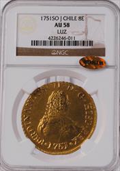 1751SO J Chile Gold 8 Escudo NGC AU58 LUZ WINGS 