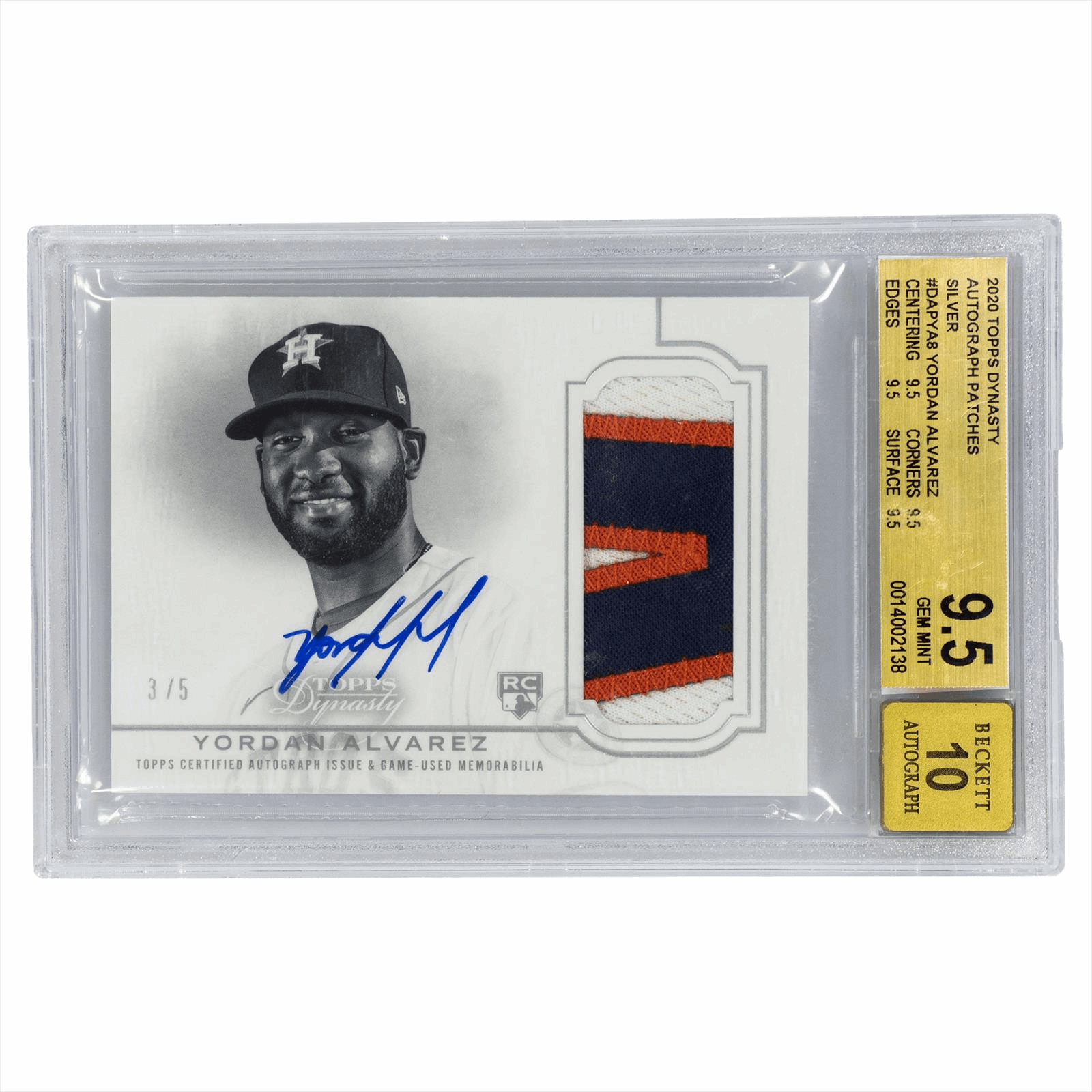 2020 Topps Dynasty Yordan Alvarez Autograph Patches #DAPYA8 BGS GEM MT 9.5 AUTO 10