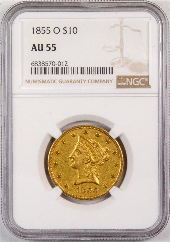 1855-O Liberty Head $10  NGC AU55