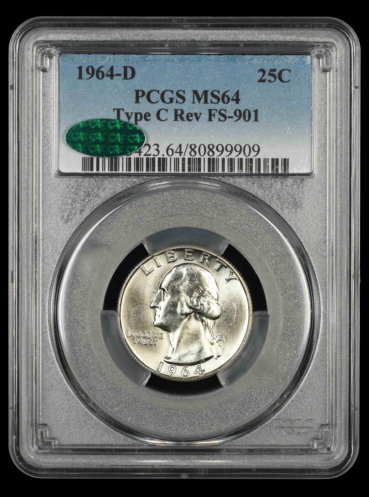 1964 D Washington Quarter Type C Reverse FS-901 PCGS MS64 CAC MS64
