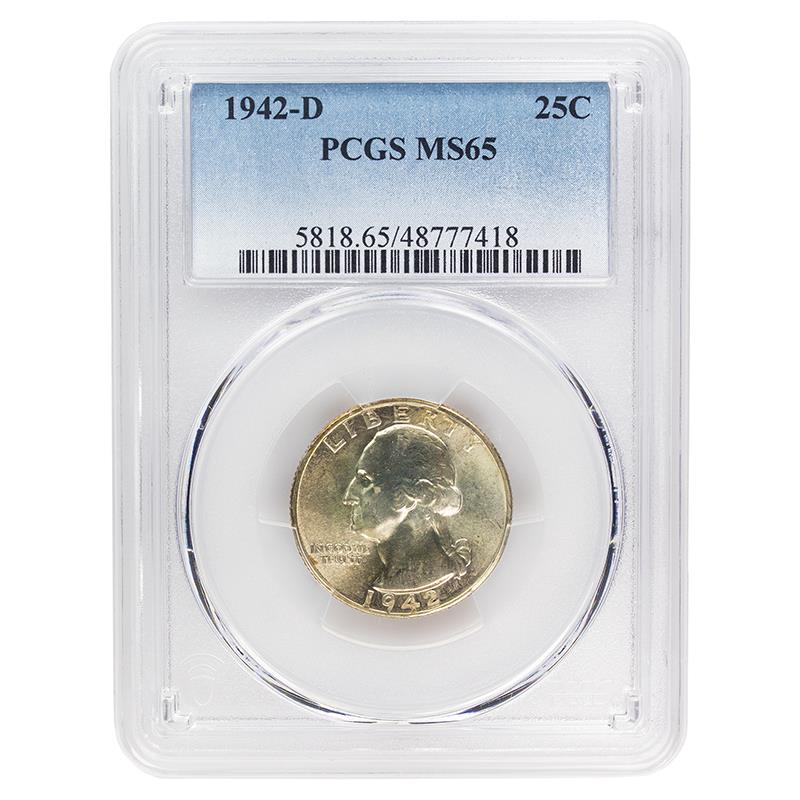 1942-D Washington Silver Quarter, 25C PCGS MS 65