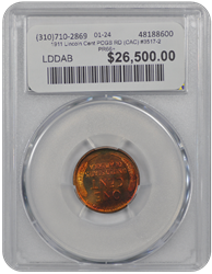 1911 Lincoln Cent PCGS RD (CAC) #3517-2 PR66+
