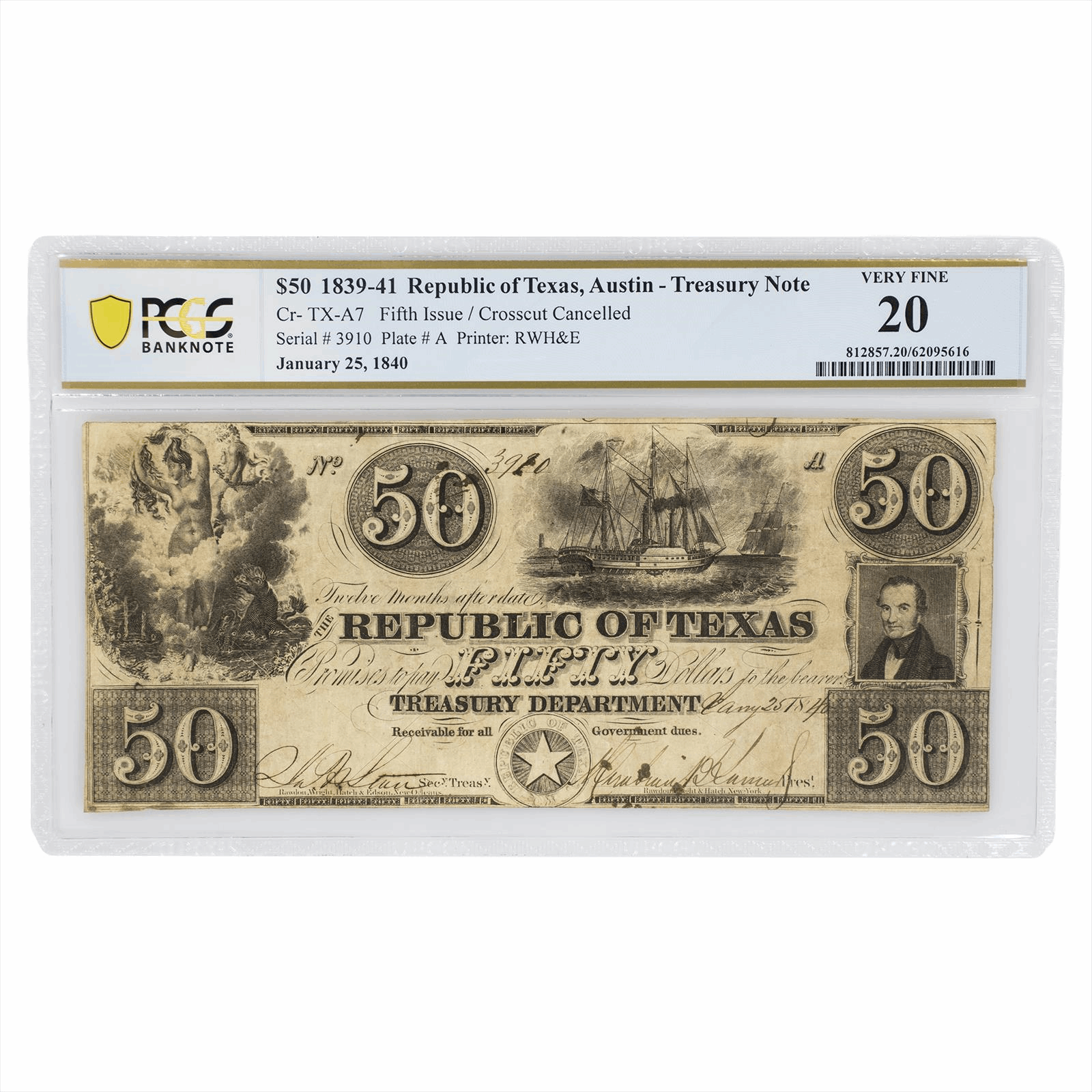 1840 Republic of Texas $50 Austin Red Back Treasury Note PCGS VF 20