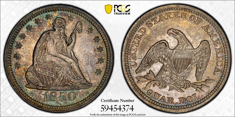1850 25C PCGS AU-55 CAC