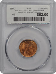 1948-S 1C Lincoln Cent - Type 1 Wheat Reverse PCGS RD #3457-15 MS66+