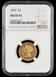 1892 $5 Gold NGC  MS60PL