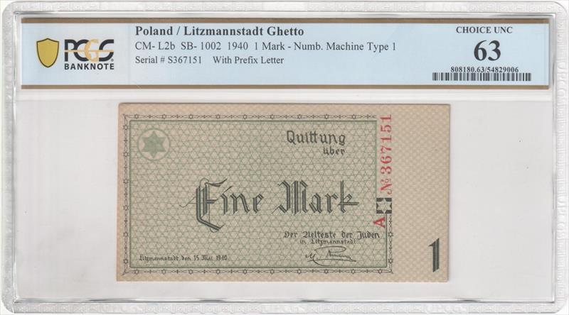 Poland/ Litzmannstadt Ghetto CM-L2b SB-1002 1940 1 Mark PCGS CU 63