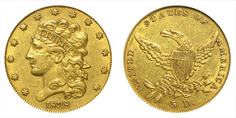 1838 $5 Classic Gold Half Eagle 